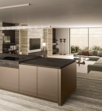 Cocina Snaidero Quadra con columnas centrales y salón abierto
