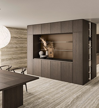 Detalle de encimera cerámica Natural Brown Porphyry de la Snaidero Quadra